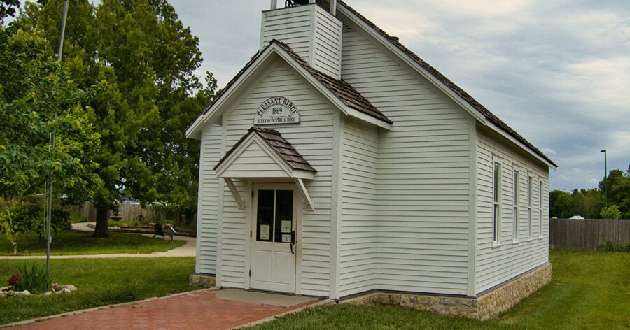 A closeup of the Pleasant Ridge one-room schoolhouse at Deanna Rose Farmstead