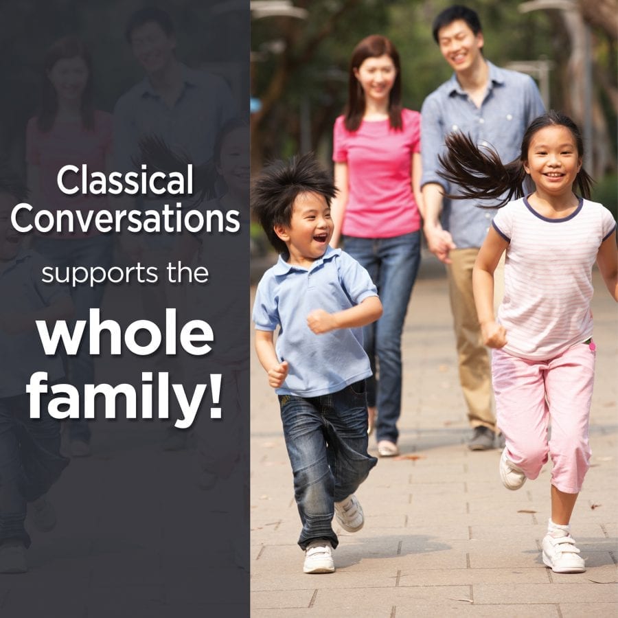 two parents watch their two kids run toward the camera smiling and laughing, with a sidebar that says "Classical Conversations supports the whole family!"