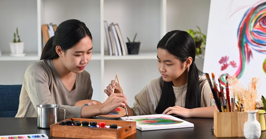 A family paints together.