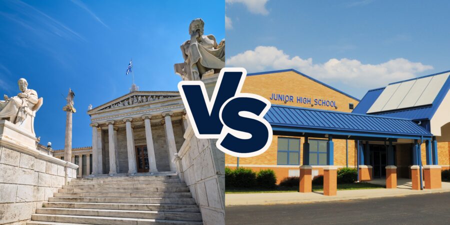 Classical vs modern education banner: An image of Plato's academy vs junior high school.