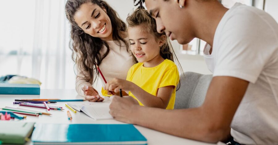 A picture of a homeschooling family.